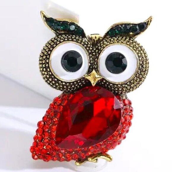 Owl Brooch Rhinestone Enamel Pin Gold Gems Choose Color Red Blue Lapel Big Eyes - Picture 2 of 4